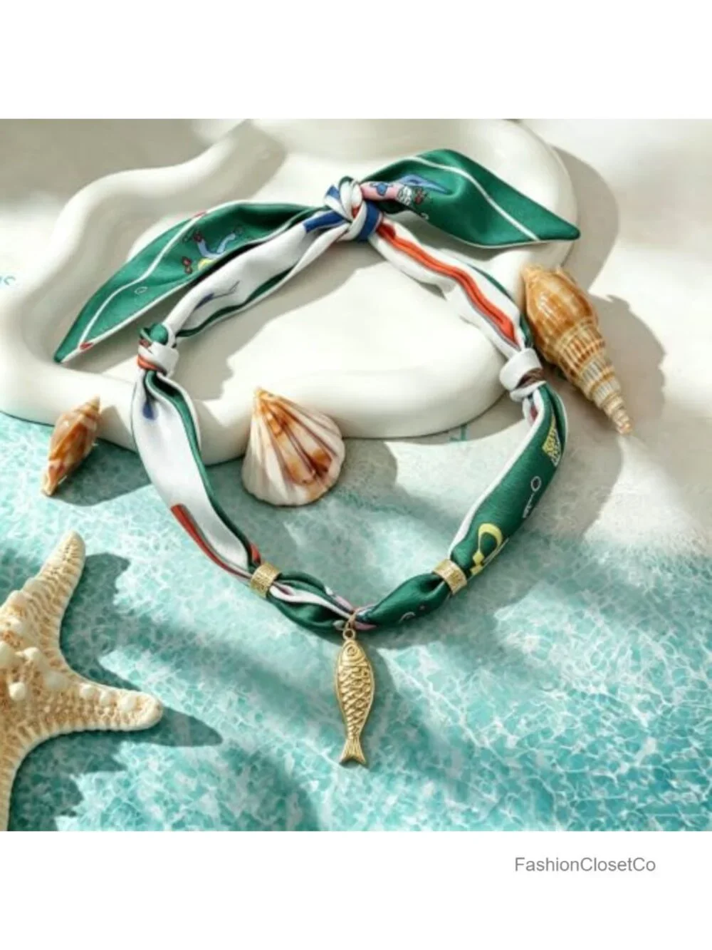 Boho Fish Charm Scarf Necklace Bandana Statement Jewelry